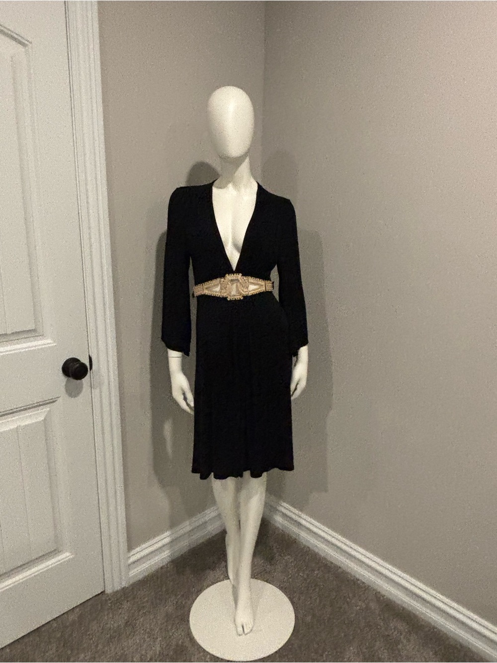 Plunging V-Neck Long Sleeve Black Dress with Gold Waist Accent